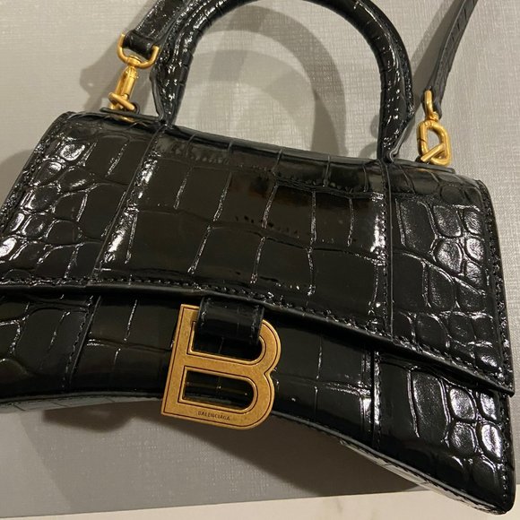 WOMEN'S HOURGLASS XS HANDBAG CROCODILE EMBOSSED IN BLACK - Picture 1 of 10